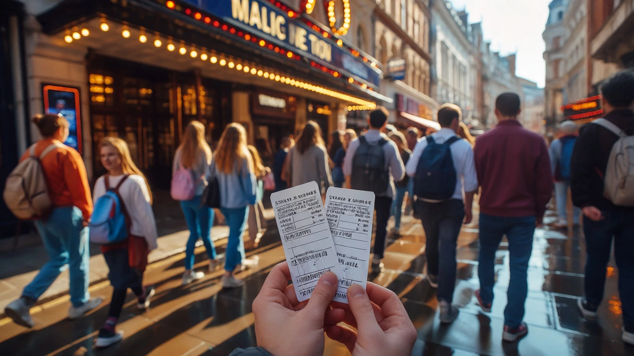 Crowd approaching a London theater for a sunny afternoon matinee performance.