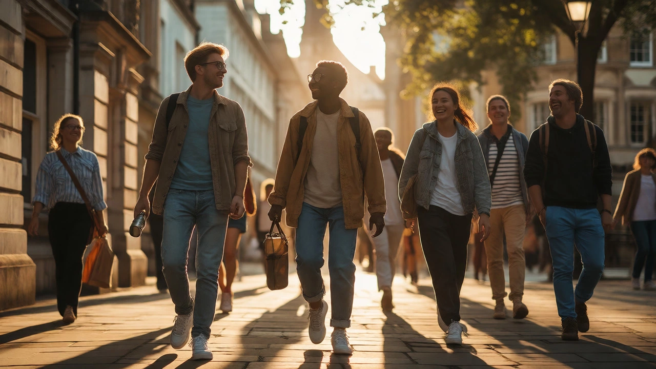 Friends exploring a historic city street during golden hour with light luggage