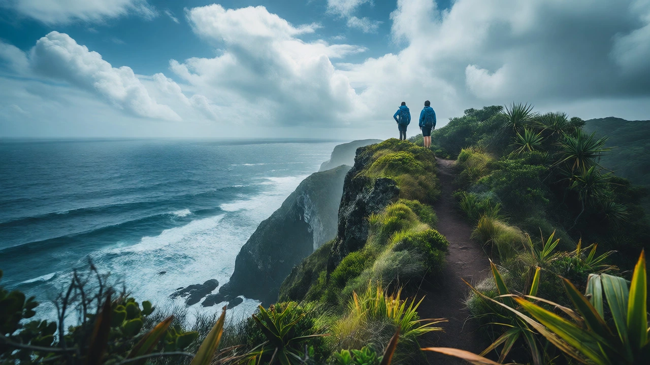 Hikers overlooking a scenic coastal cliff and ocean view