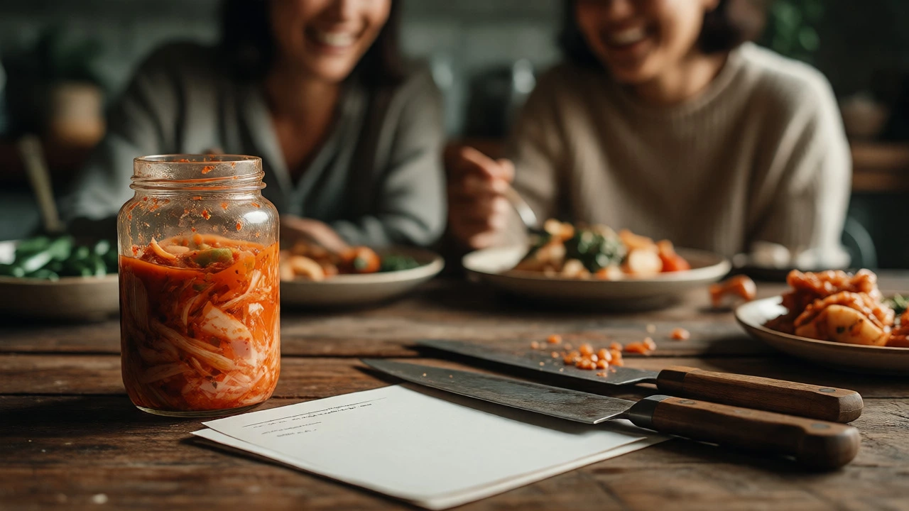 Homemade kimchi and tools on a table with friends sharing a meal in the background.