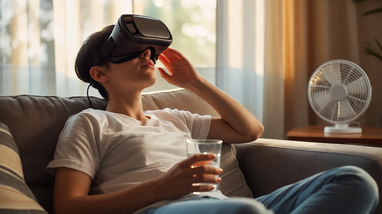 Individual resting and hydrating after removing VR headset