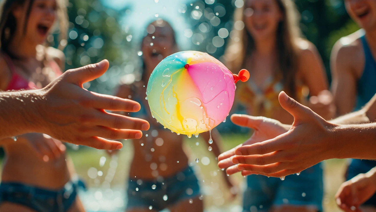 Partners tossing a water balloon on a hot day