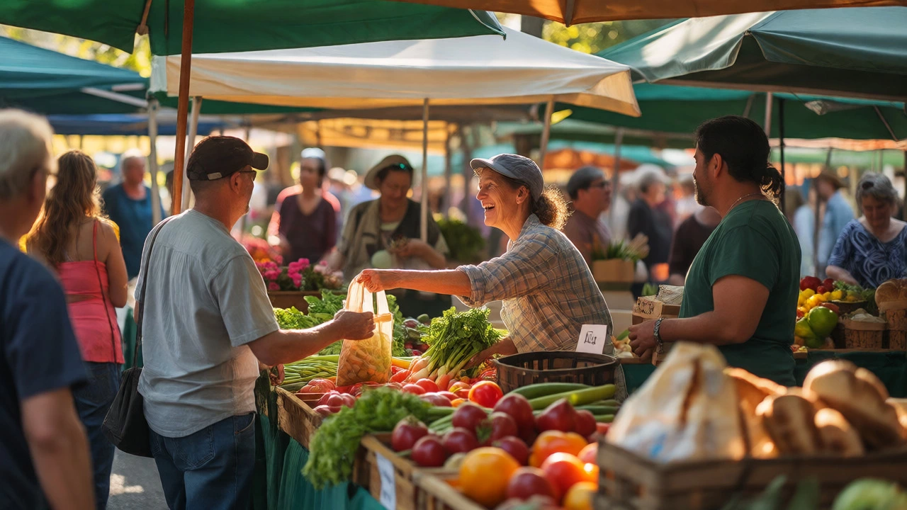 People shopping for fresh produce at a busy local farmers market