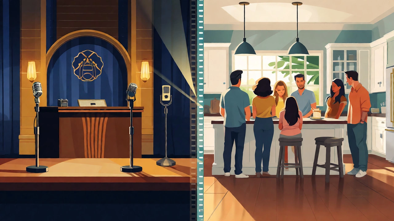 Split image showing a radio studio and a family home representing Frasier and Modern Family