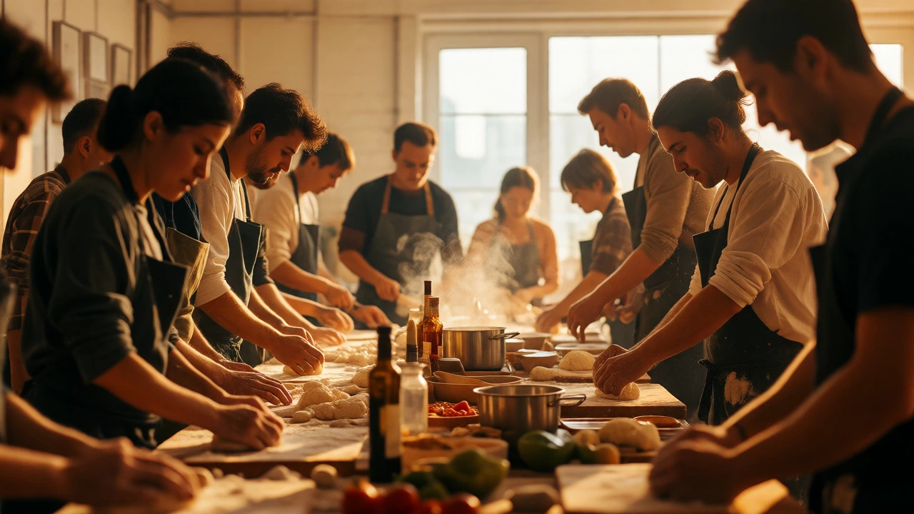 Students actively cooking and learning techniques in a hands-on culinary workshop.