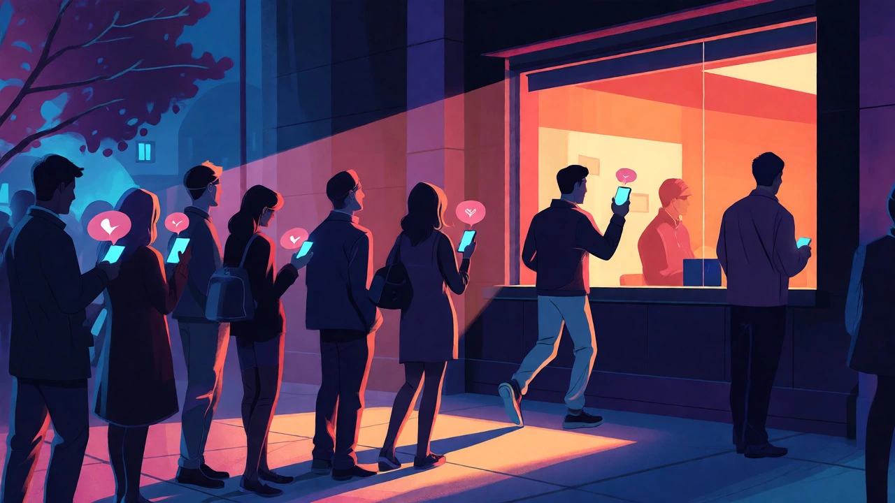 Stylized illustration of people waiting for last-minute rush theater tickets.