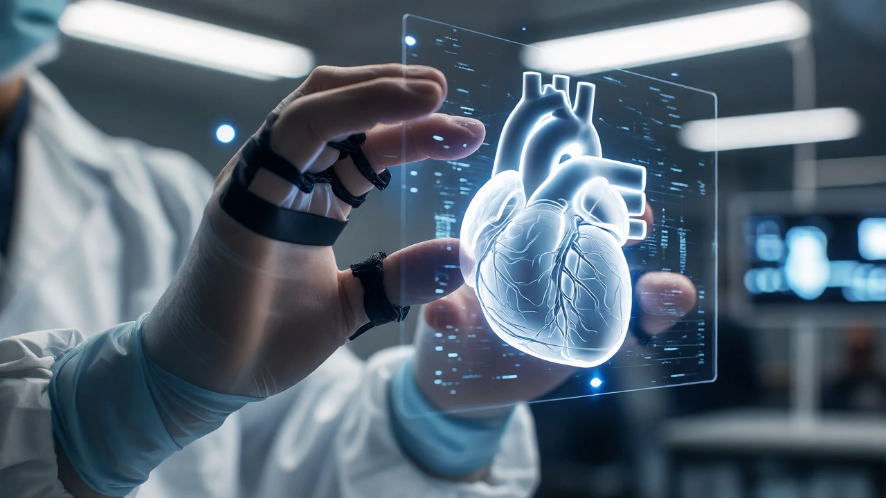 Surgeon practicing on a holographic heart model with haptic gloves