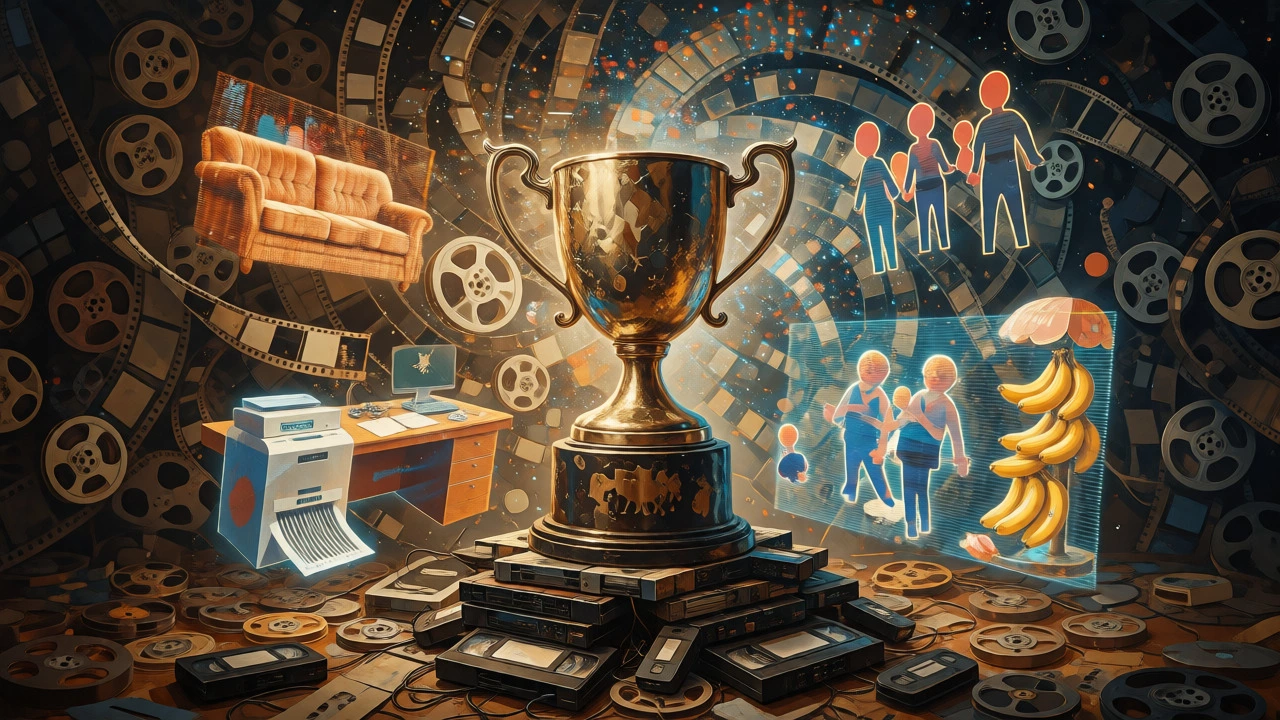Surreal collage of comedy trophies and memorabilia