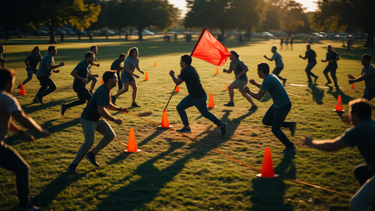 Teams competing in capture the flag at a park