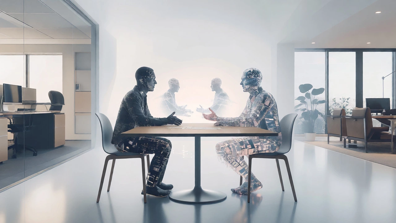 Two digital avatars conversing in a virtual meeting space