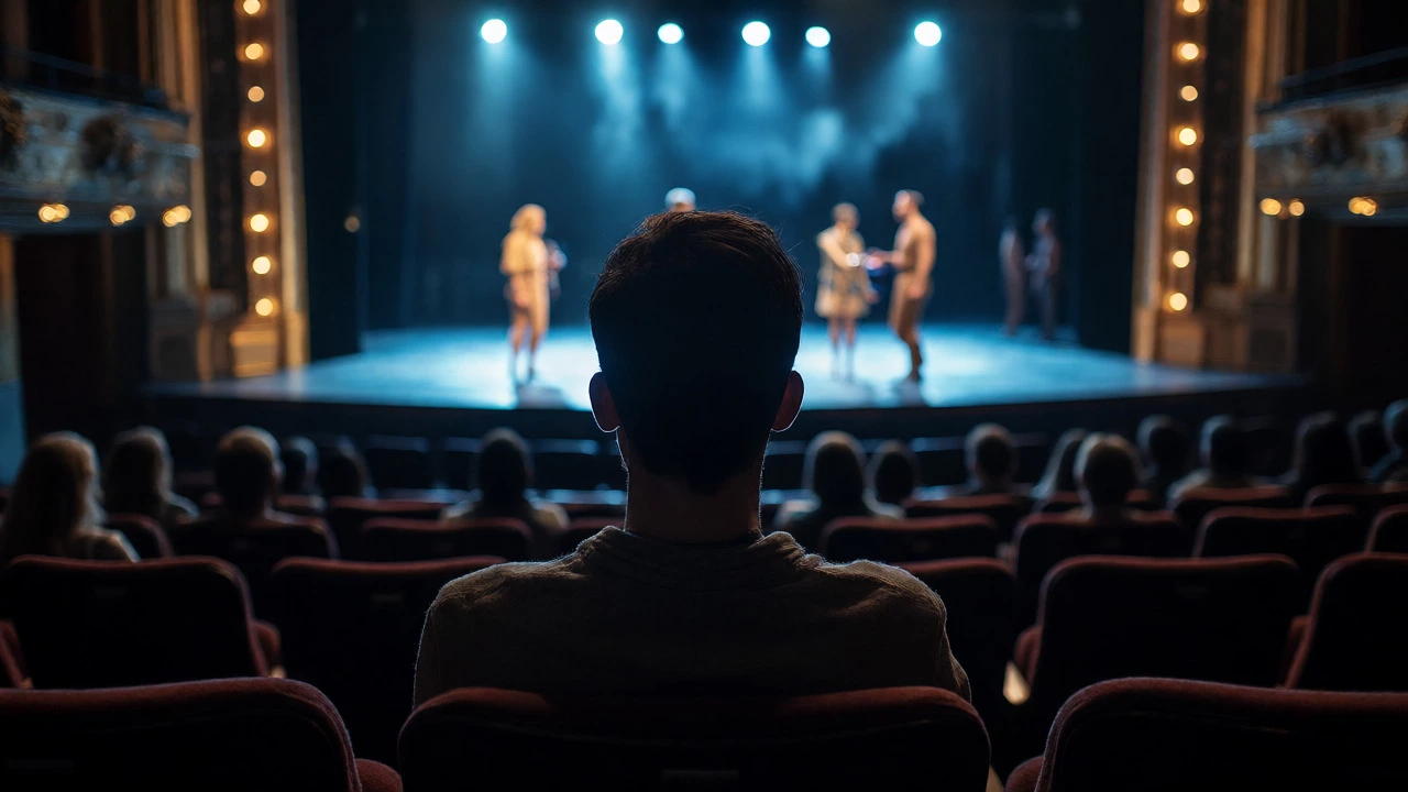 View from a solo seat looking at a clear stage during a quiet midweek Broadway performance.